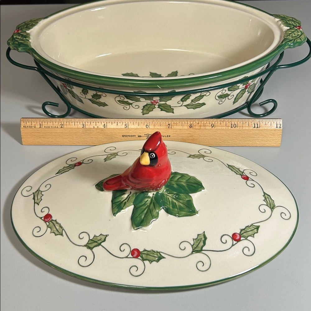 Temptations Cardinal Holiday Casserole Dish Set with Holly and Berry Accents - Picture 11 of 13